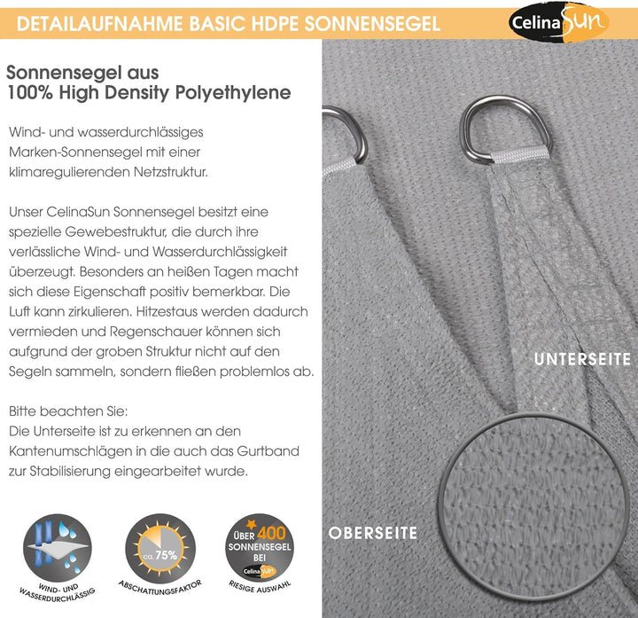 CelinaSun Sonnensegel inkl Befestigungsseile HDPE Basic Dreieck rechtwinklig 3,6 x 3,6 x 5,1 m hellg