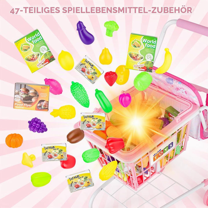 deAO Metall Einkaufswagen für Kinder, 47 Stück Einkaufswagen Supermarkt Kinder mit Einkaufstasche au