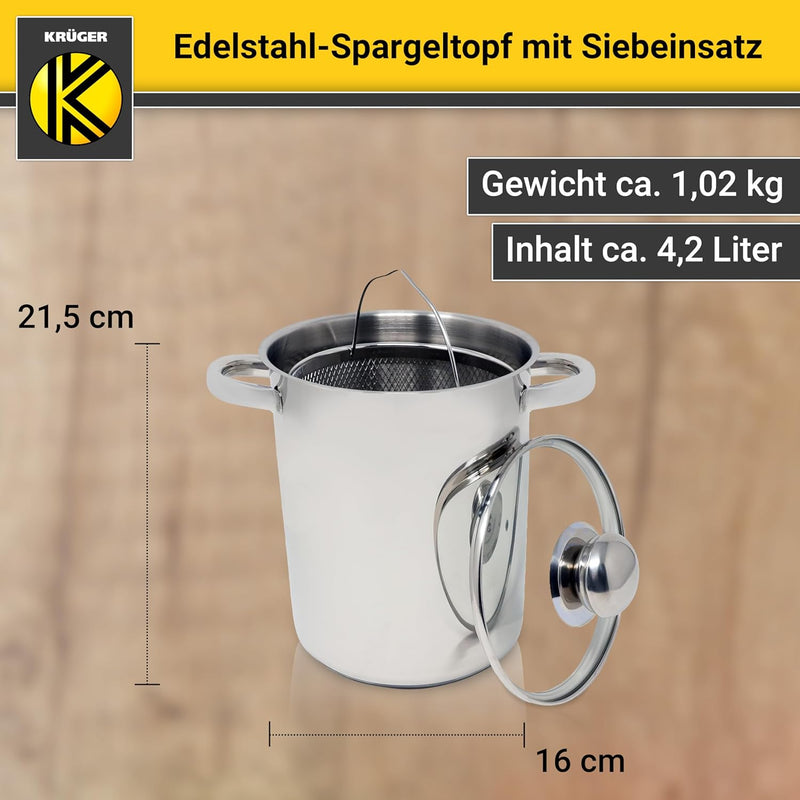 Krüger Edelstahl-Spargeltopf mit Glasdeckel und Siebeinsatz - Spargel-Kochtopf mit Deckel zum Sichtk