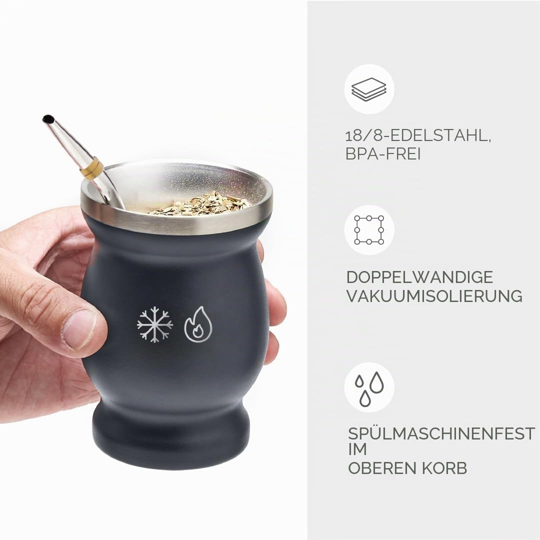 balibetov Yerba Mate Becher Set aus Edelstahl mit Bombilla für Mate Dunkelgrau 237 ml, Dunkelgrau 23