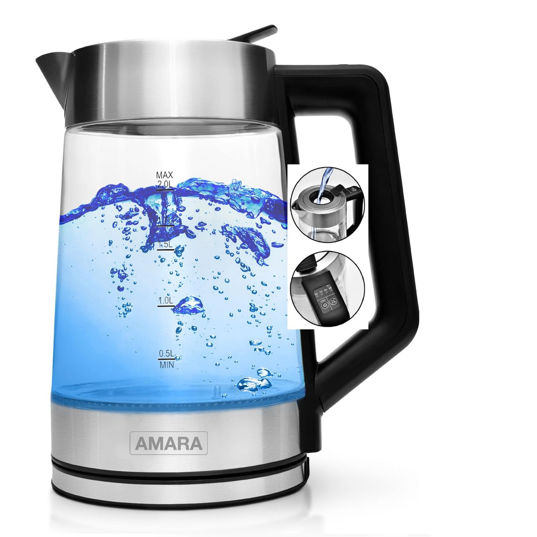 AMARA Wasserkocher Glas mit Temperatureinstellung 2200 Watt 2L besonders leise I Wasserkocher Temper