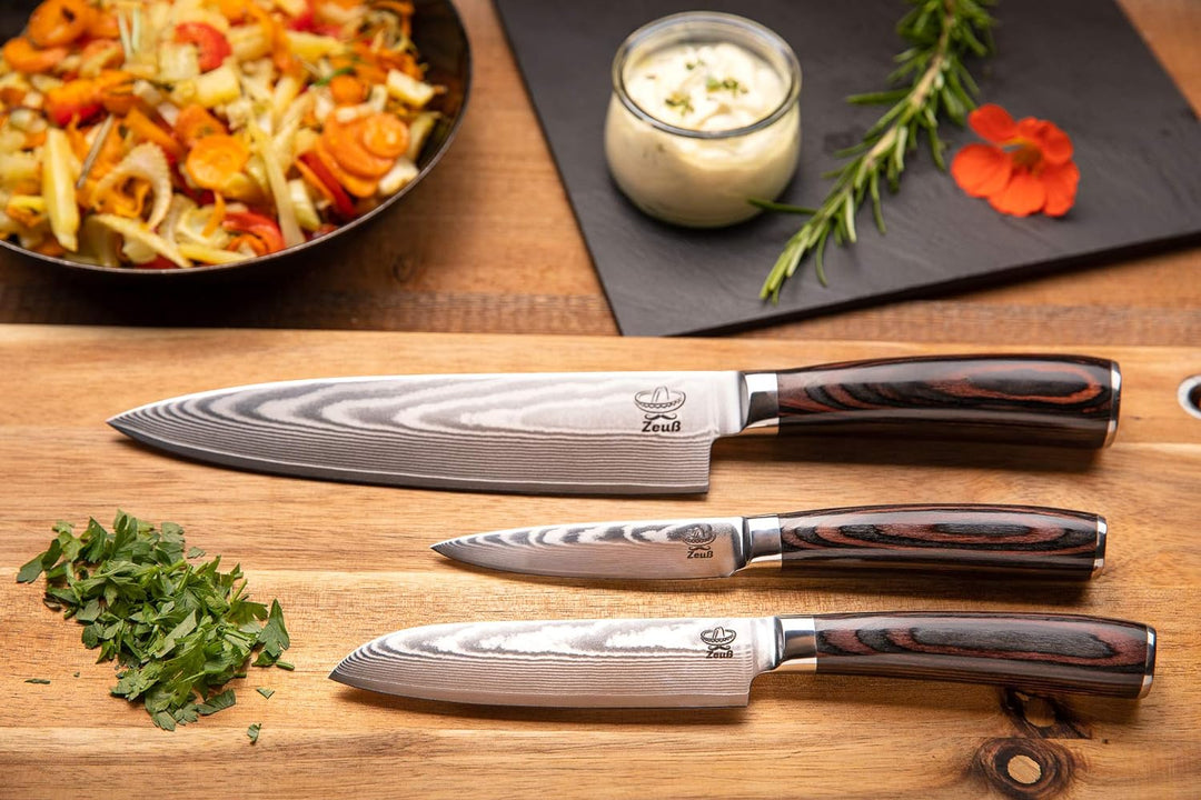 ZEUss Damastmesser-Set 3er (32 cm, 24 cm und 20cm) Profi-Damast-Küchenmesser Set aus 67 Lagen Damast