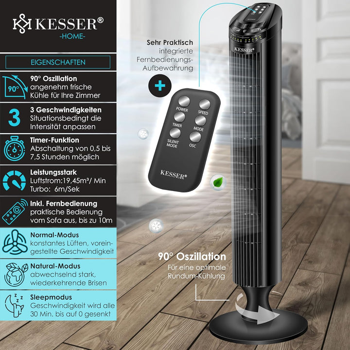 KESSER® Turmventilator mit Fernbedienung | 90° Oszillationswinkel | 3 Stufen | 90 cm |+ Timerfunktio