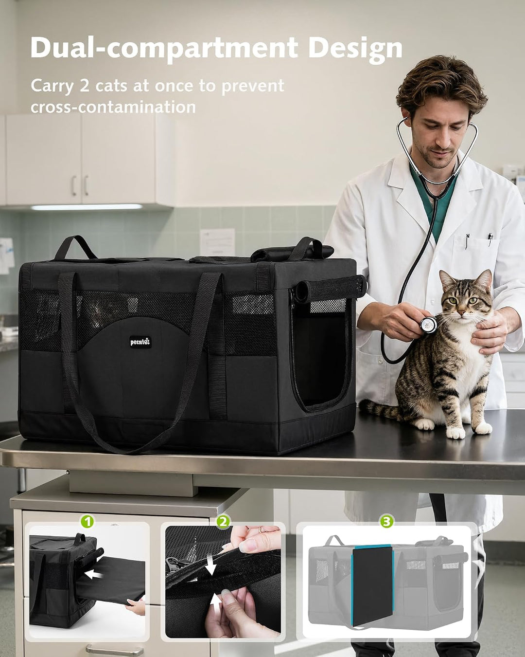 Pecute Katzentransportbox Gross Faltbar Transporttasche 2 Katzen,Dunkelgrau | Abnehmbare Trennwand,