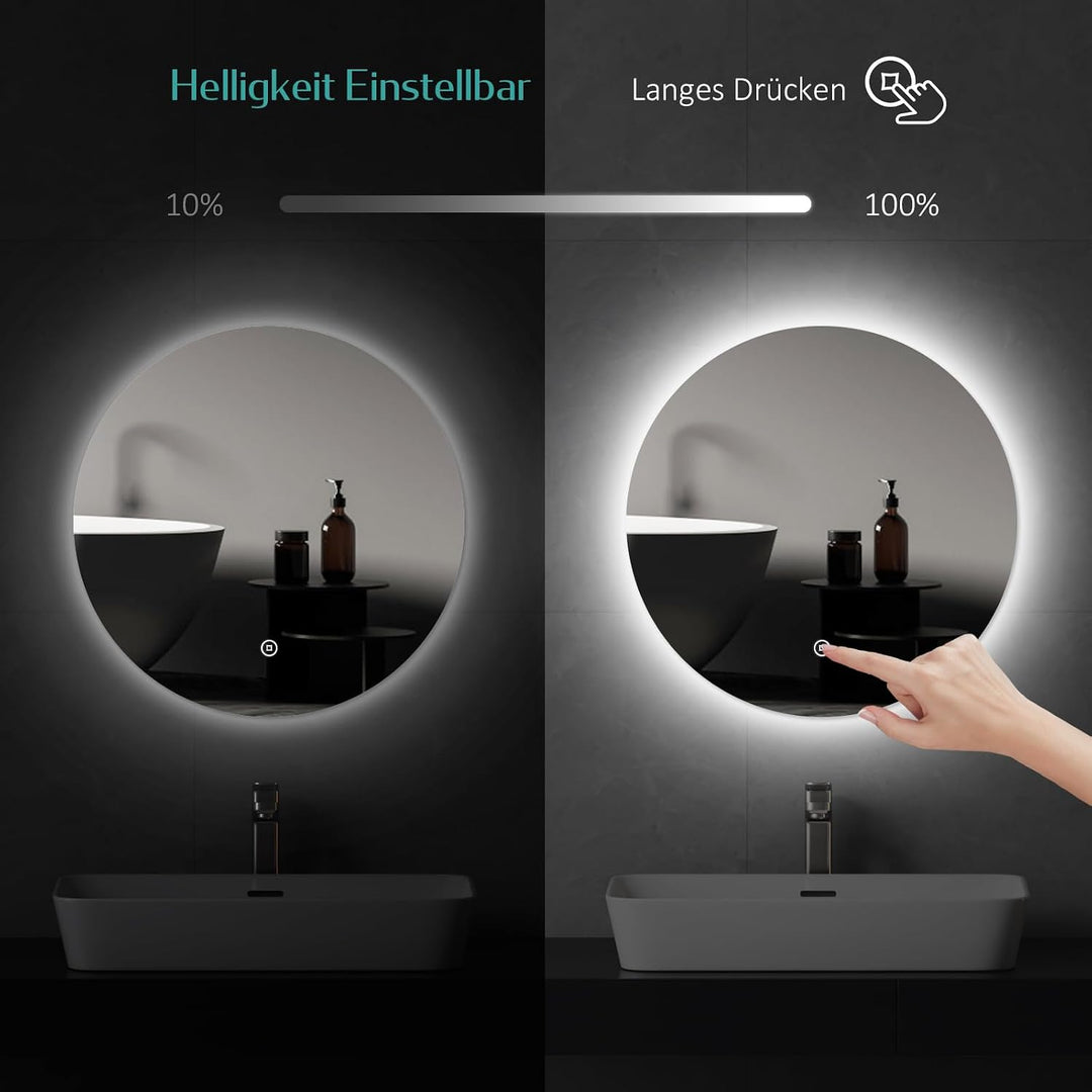 EMKE Badspiegel mit Beleuchtung Rund 70cm Rund LED Badspiegel mit Touch-Schalter, Dimmbar, 6500K, 3