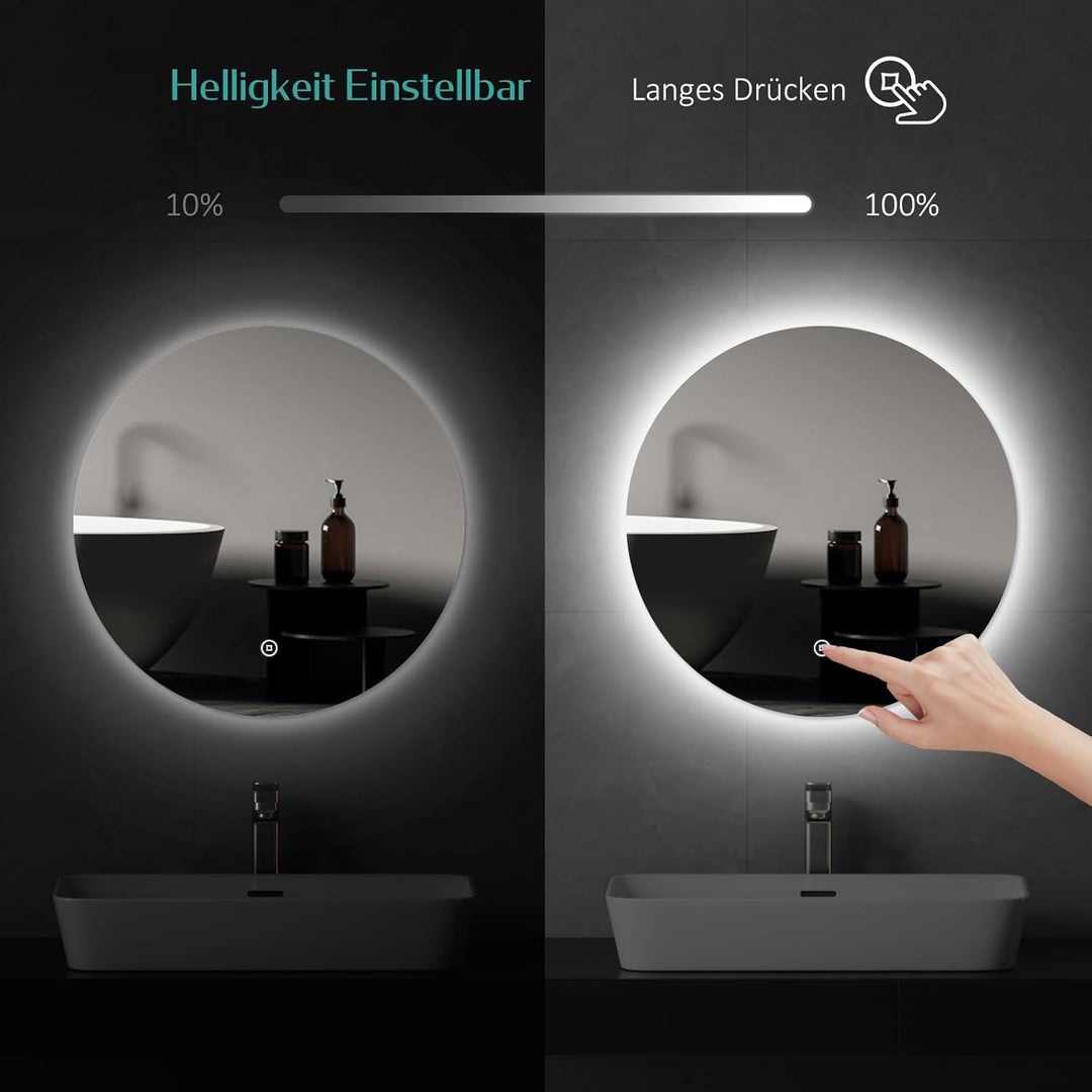 EMKE Badspiegel mit Beleuchtung Rund 50cm Rund LED Badspiegel mit Touch-Schalter, Dimmbar, 6500K, 3