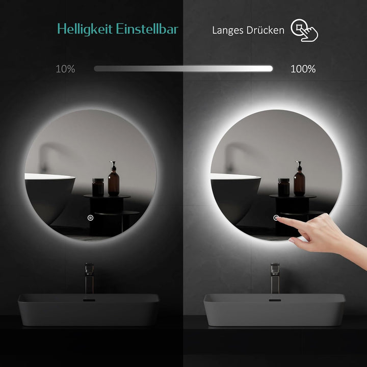 EMKE Badspiegel mit Beleuchtung Rund 50cm Rund LED Badspiegel mit Touch-Schalter, Dimmbar, 6500K, 3