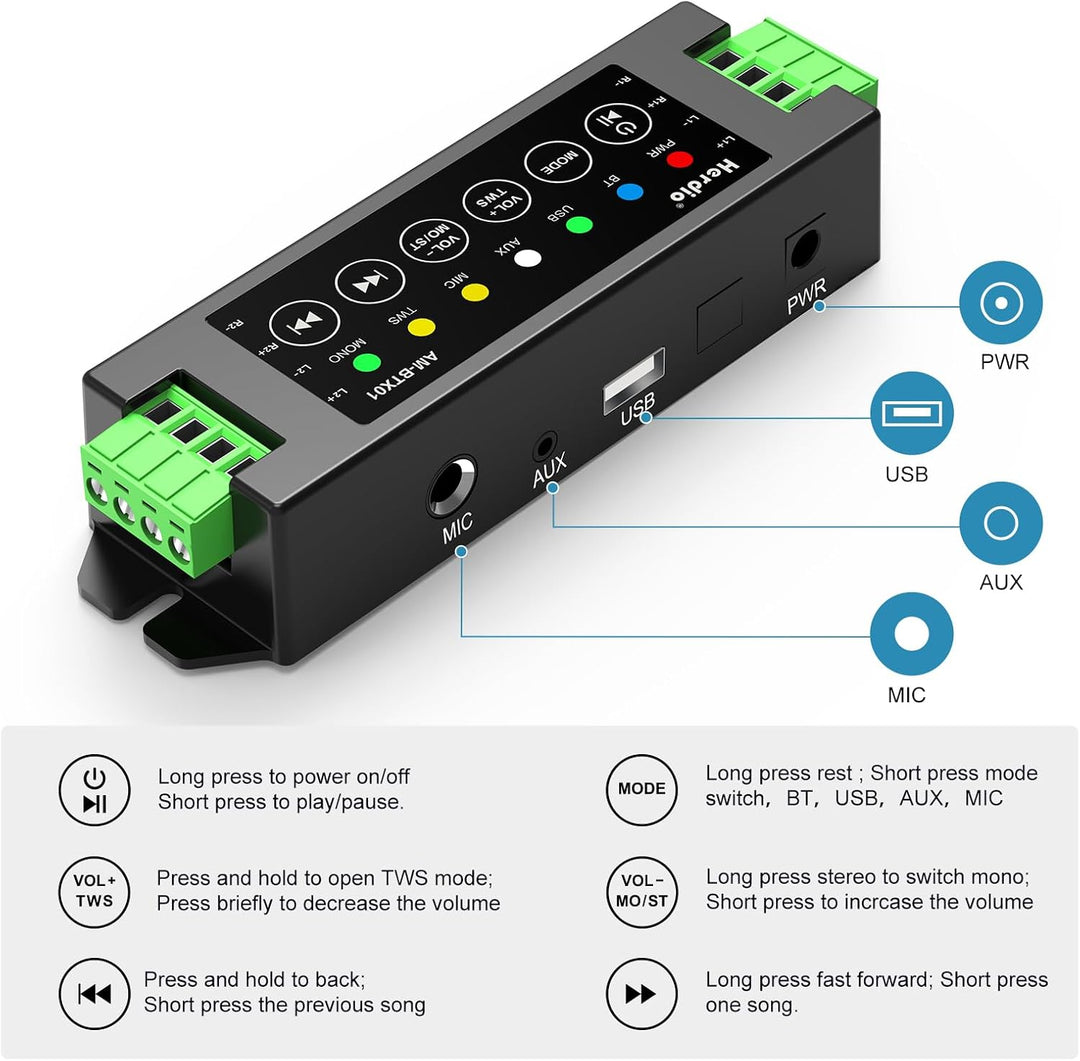 Herdio 4-Kanal-Verstärker Bluetooth 5.0 Amp Receiver 200W Ausgangsleistung mit 24V5A AC-DC Netzteil