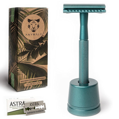ANYMALE® Plastikfreier Rasierhobel Azure Edition - Set mit Ständer und 5 ASTRA Klingen - Nassrasiere