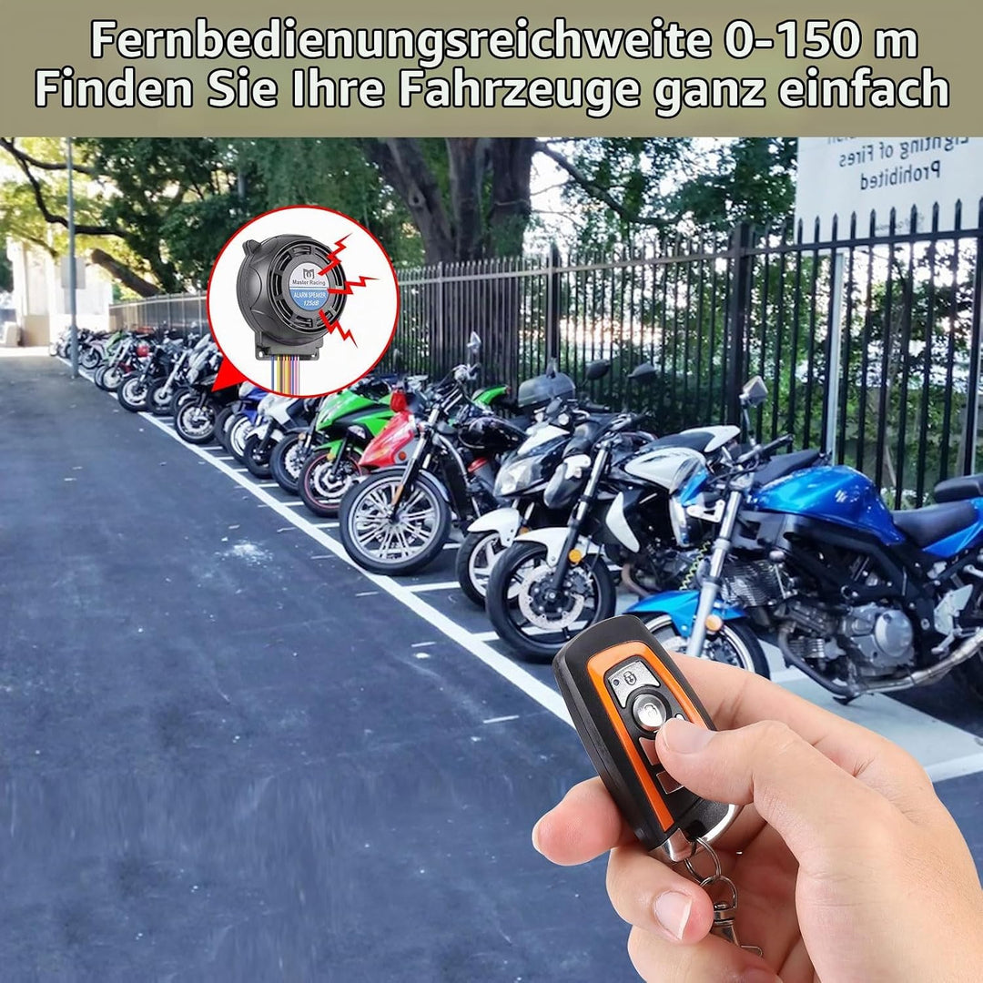 Rupse Motorrad Alarm 125dB, Motorrad Alarmanlage mit Start und Stoppfunktion, 2 Fernbedienung, draht