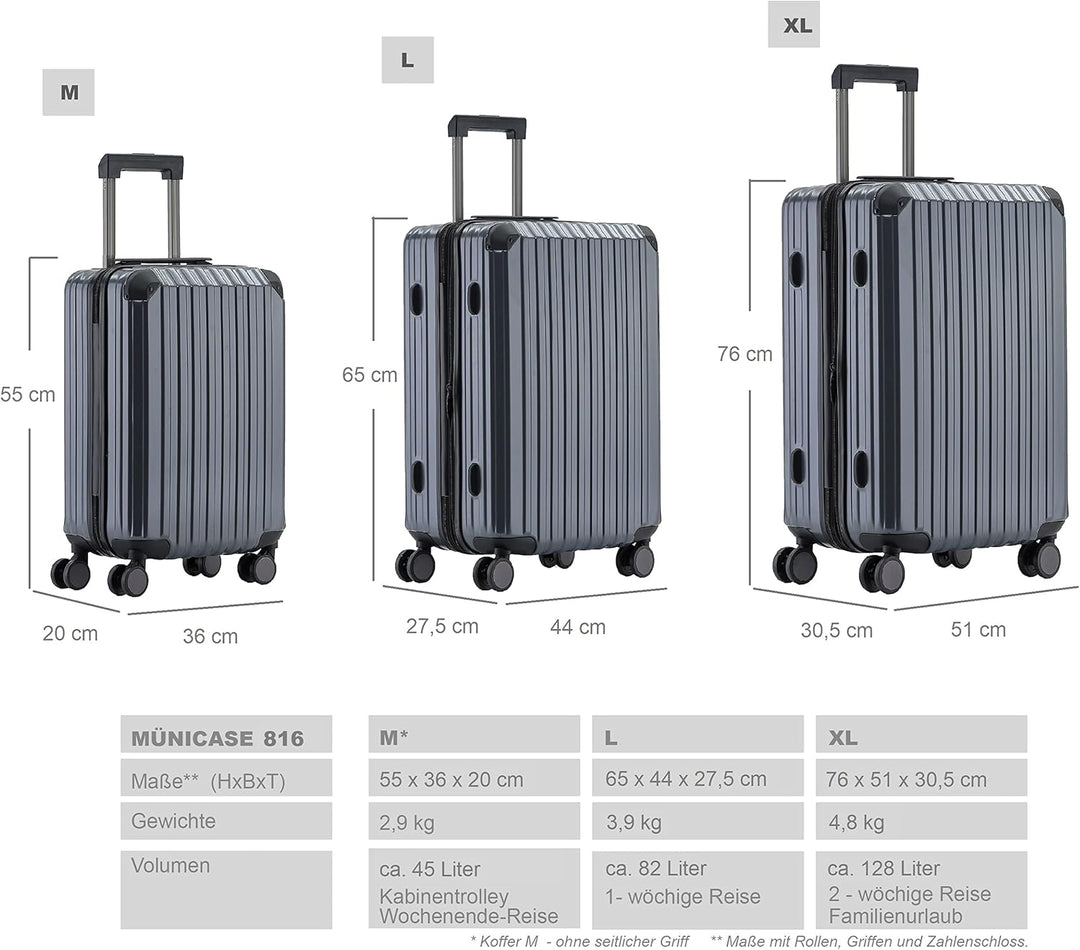 Münicase M816 TSA-Schloss, Dehnungsfuge, Teleskopgriff, Reisekoffer mit 4 Rollen, Hartschale, Mittle