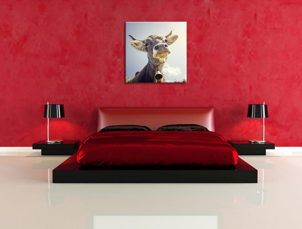 Pixxprint Lustiges Portrait Einer Kuh, Format: 70x70 auf Leinwand, 70x70