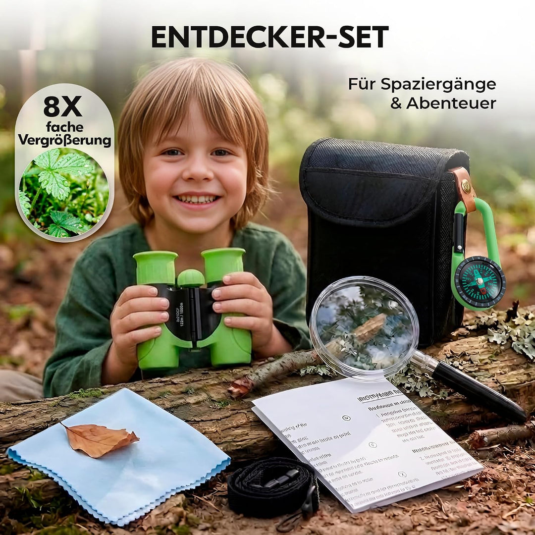 Kinderfernglas 8x21 – Entdecker-Set mit Lupe, Kompass, Tasche und Trageband für Wald, Zoo, Wandern,