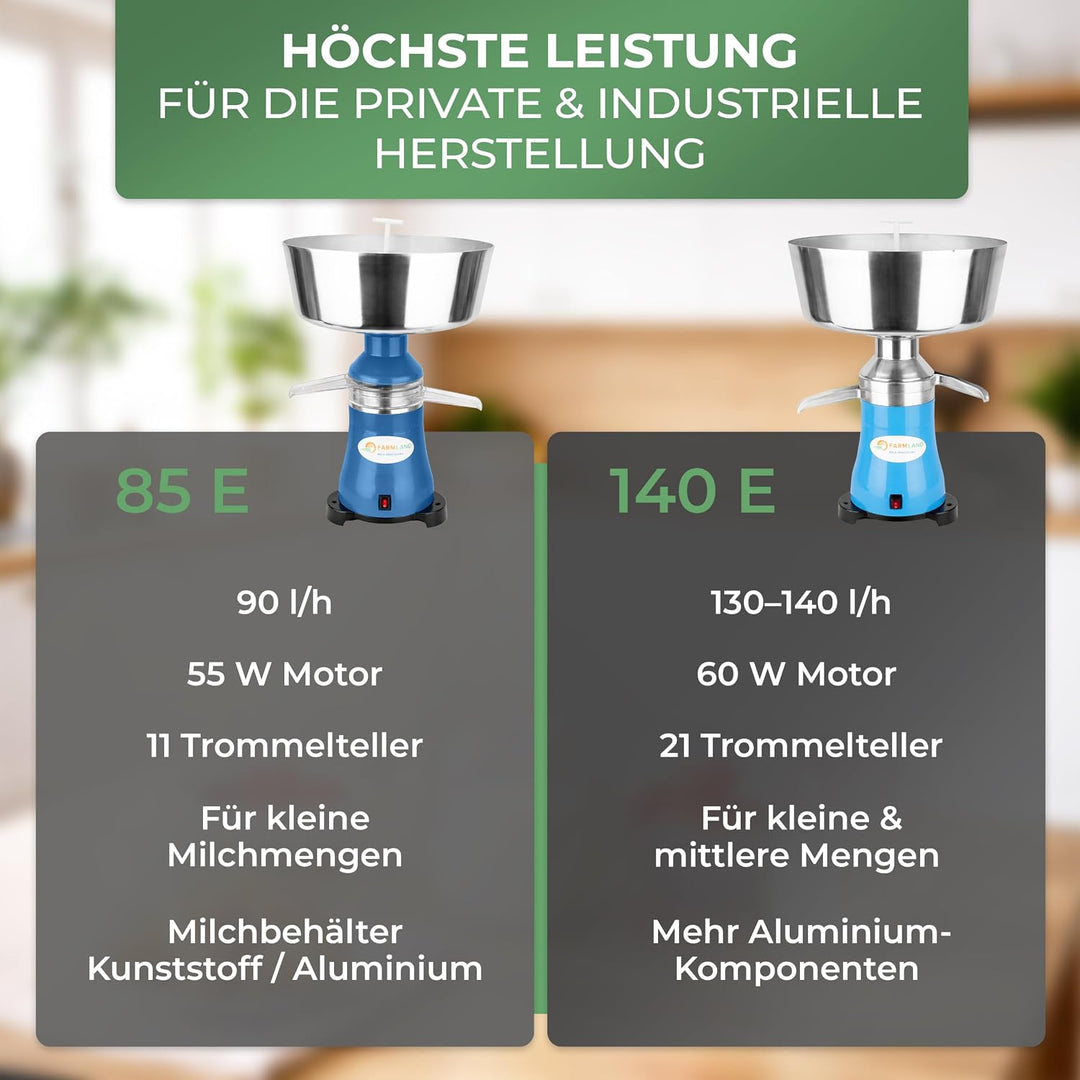 Farmland Milchzentrifuge elektrisch - Leistungsstarker Milchseparator für 140 l/h - Hochwertiger Mil