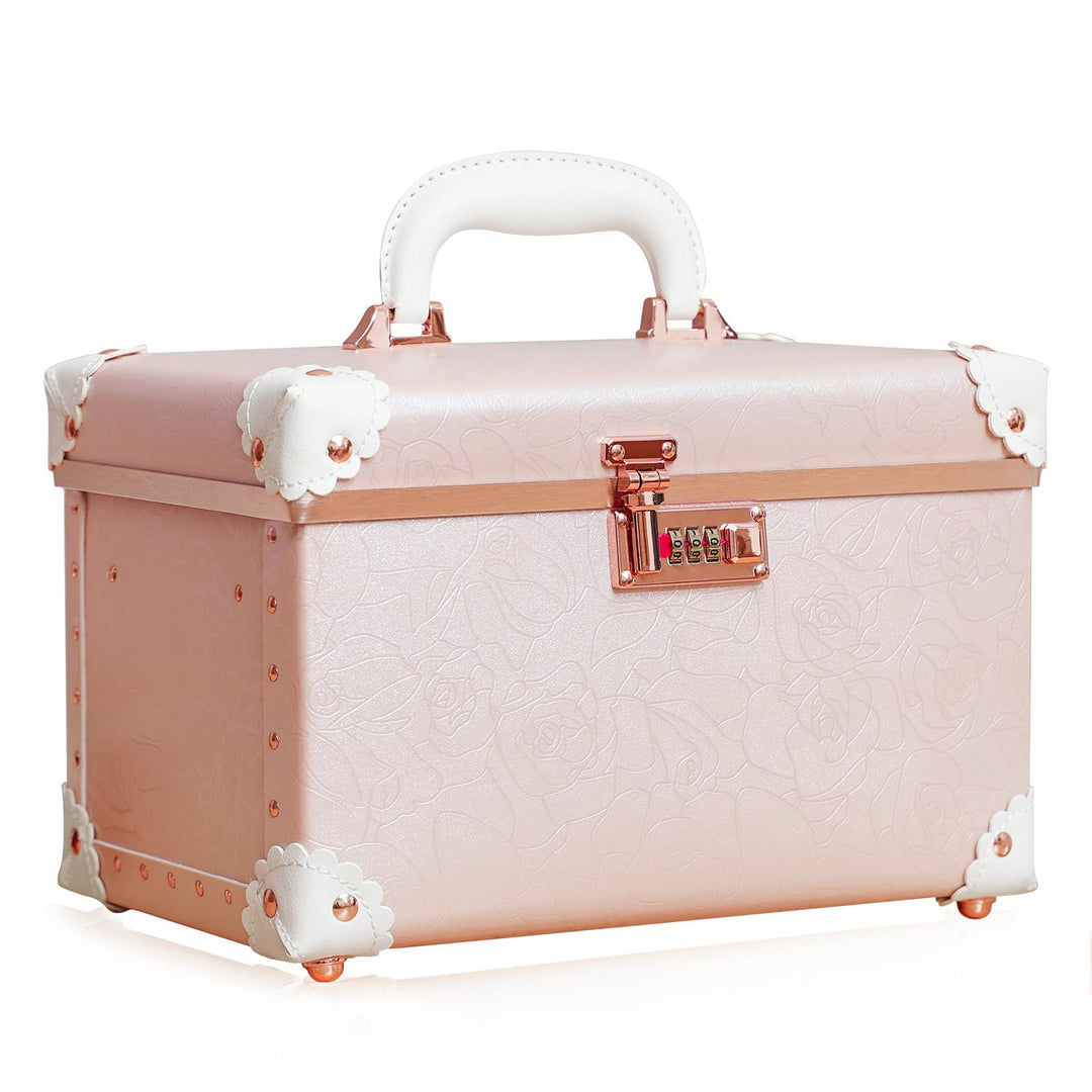 urecity Vintage Leder Kosmetikkoffer mit Spiegel - Hartschale Schminkkoffer für Damen, Reise Make-up