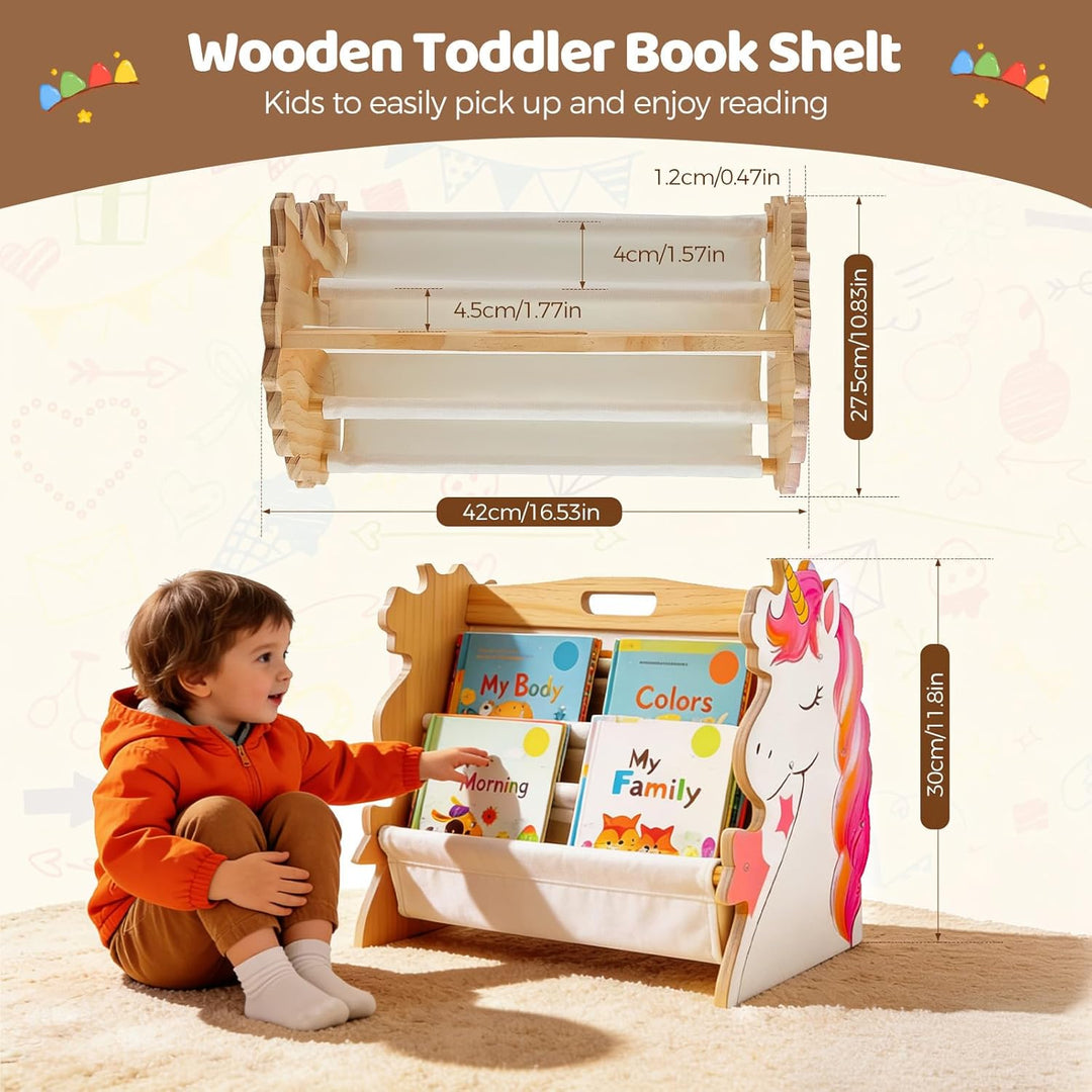 Bücherregal Kinder, Montessori Kinder Buchständer aus Holz mit 4 Ablagen, Kinderregal für Buchaufbew