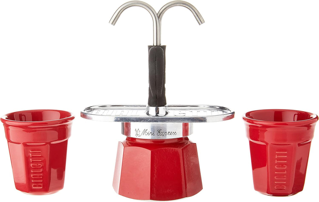Bialetti Mini Express Color, Set Caffettiera 2 Tazze + 2 Bicchierini, Alluminio, Rosso Rot New Colle