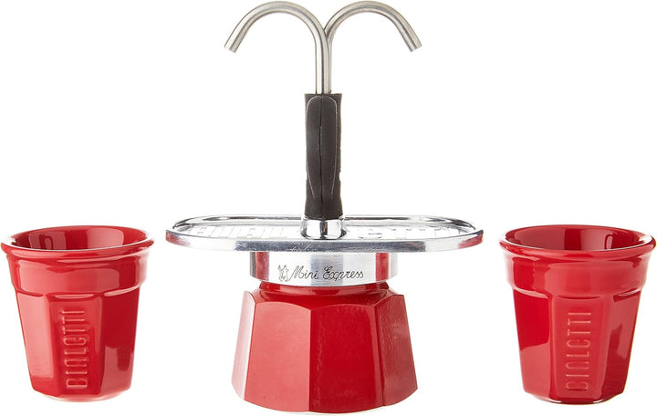 Bialetti Mini Express Color, Set Caffettiera 2 Tazze + 2 Bicchierini, Alluminio, Rosso Rot New Colle
