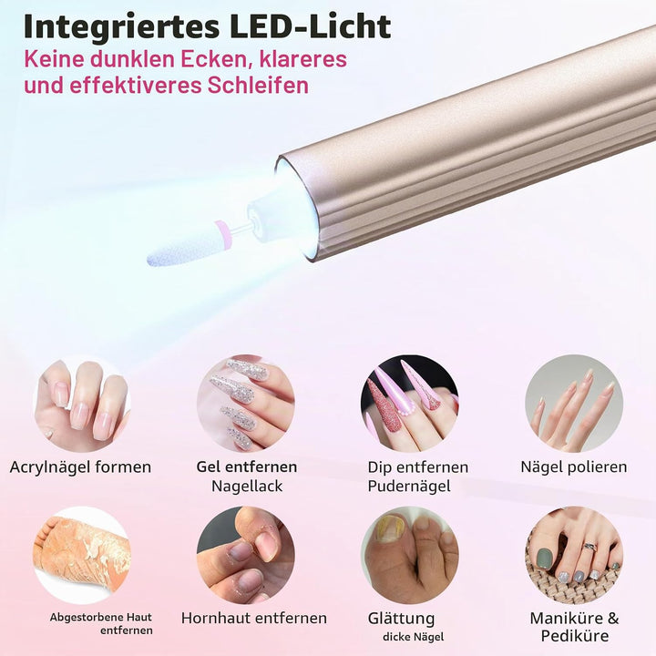 Elektrischer Nagelschleifer, kabellos, UV-Lampe, Set mit 7 Aufsätzen, 30.000 U/min, wiederaufladbare
