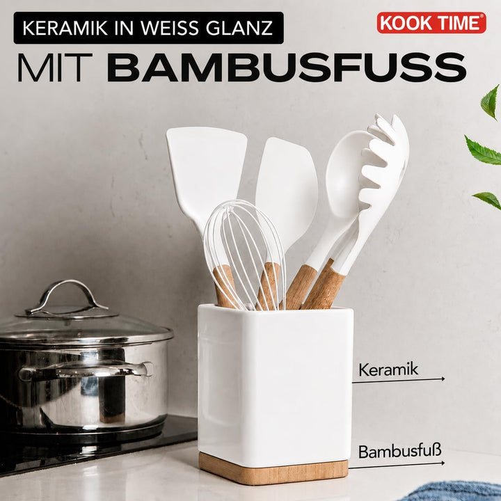KOOK TIME Küchenutensilienhalter - Utensilienhalter küche aus keramik und Bambus - Quadratischer küc