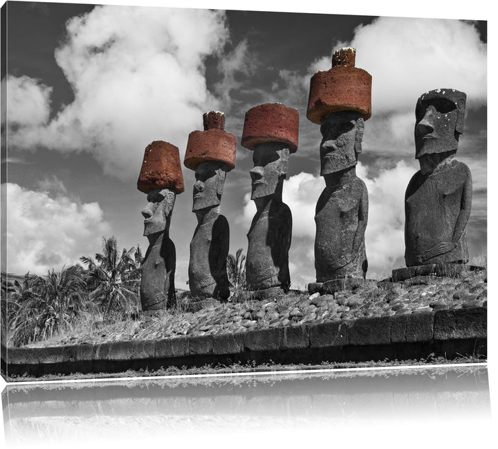 Moai Statuen auf den Osterinseln schwarz/weiss Format: 100x70 auf Leinwand, XXL riesige Bilder ferti