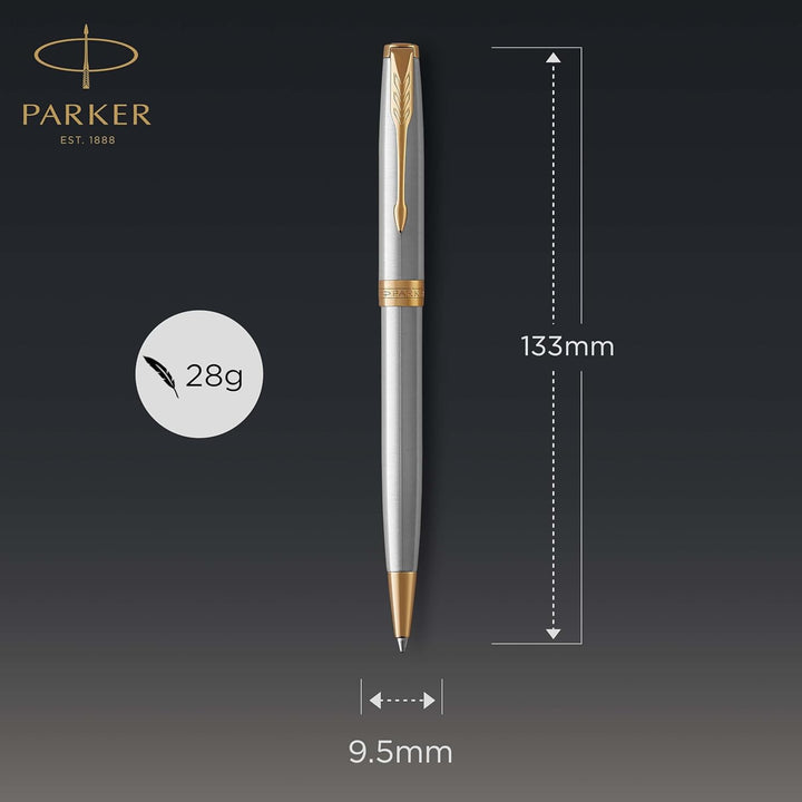 Parker Sonnet Kugelschreiber | Edelstahl mit Goldzierteilen | Mittlere Spitze | schwarze Tinte | Ges