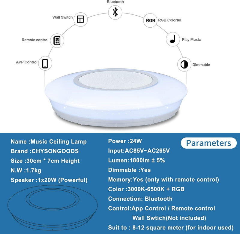 chysongoods 24W Φ30cm Sternenhimmel Deckenlampe Musik LED Deckenleuchte Mit Bluetooth Lautsprecher A