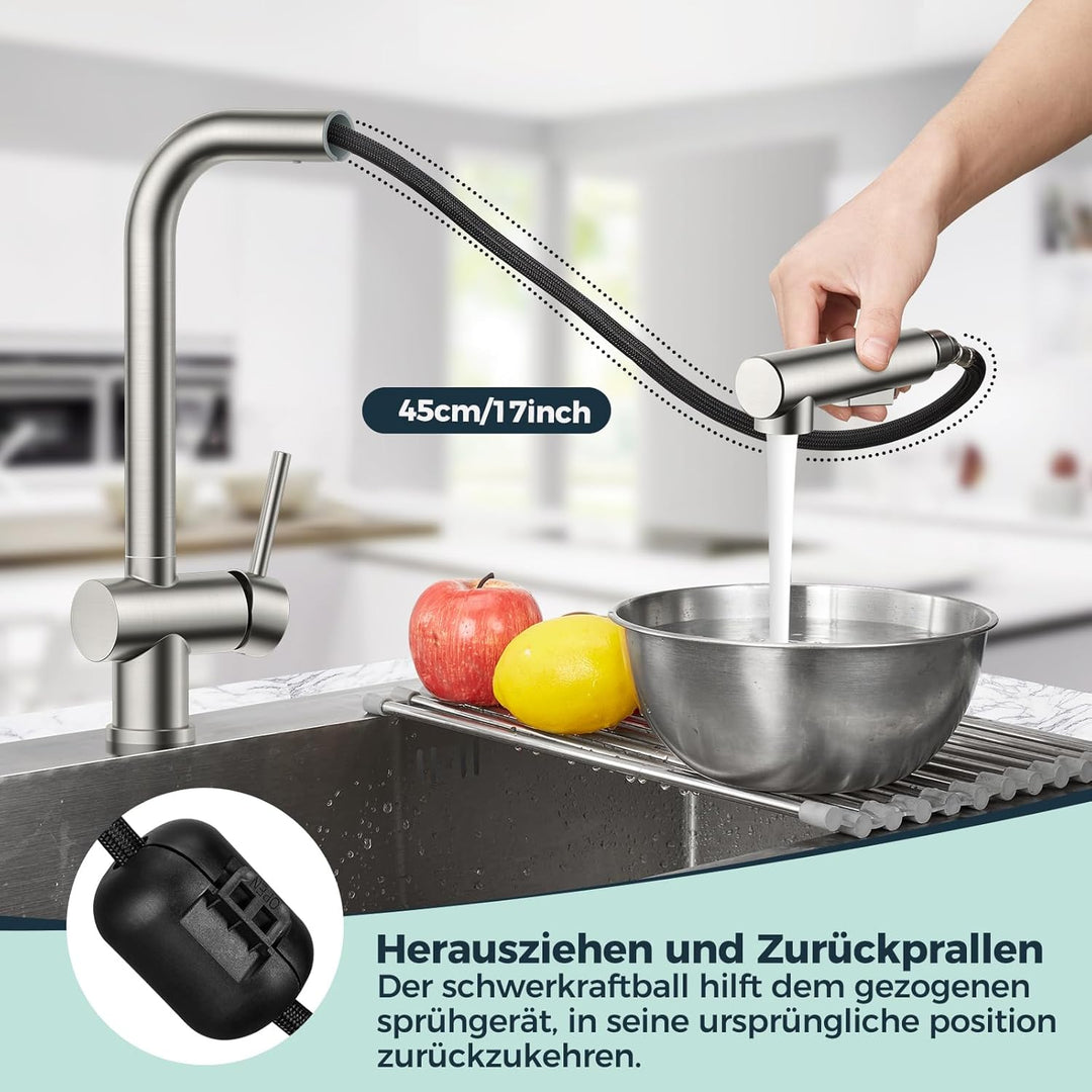 FORIOUS Küchenarmatur, Wasserhahn Armatur Küche Ausziehbar Brause Edelstahl, Einhebel Mischbatterie