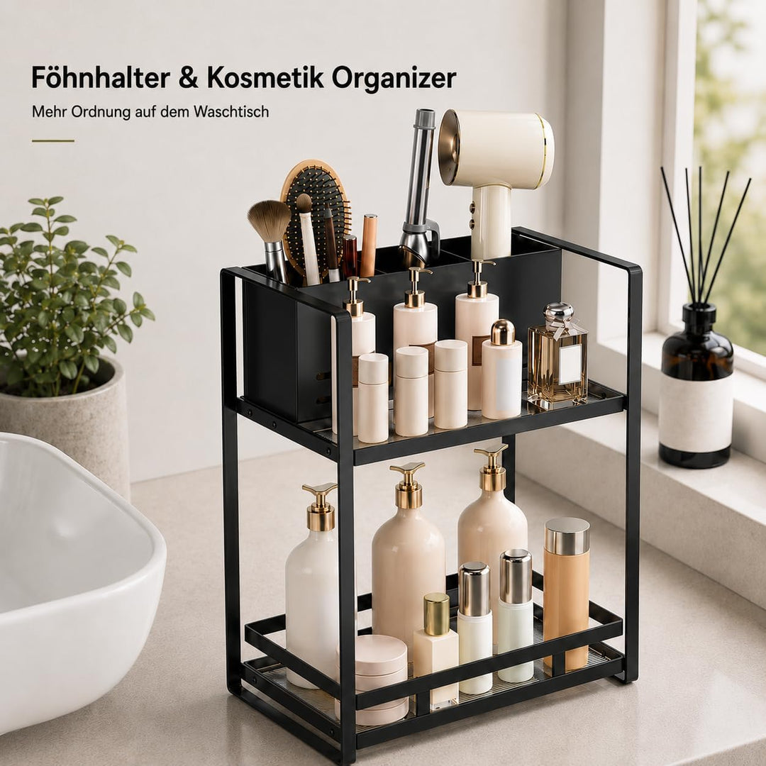 Kosmetik Organizer mit Föhnhalter, 2 Ebenen Badezimmer Organizer aus Metall, Make Up Organizer für S