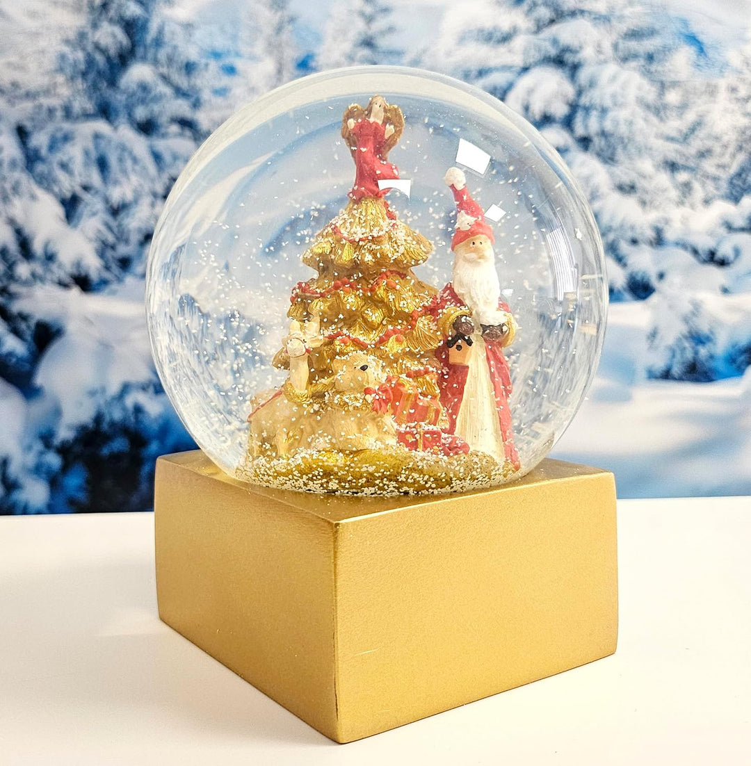 Schneekugel Weihnachten | Weihnachtsmann rot Gold | Sockel Gold eck | H:14 cm B: 12 cm | Santa Schüt