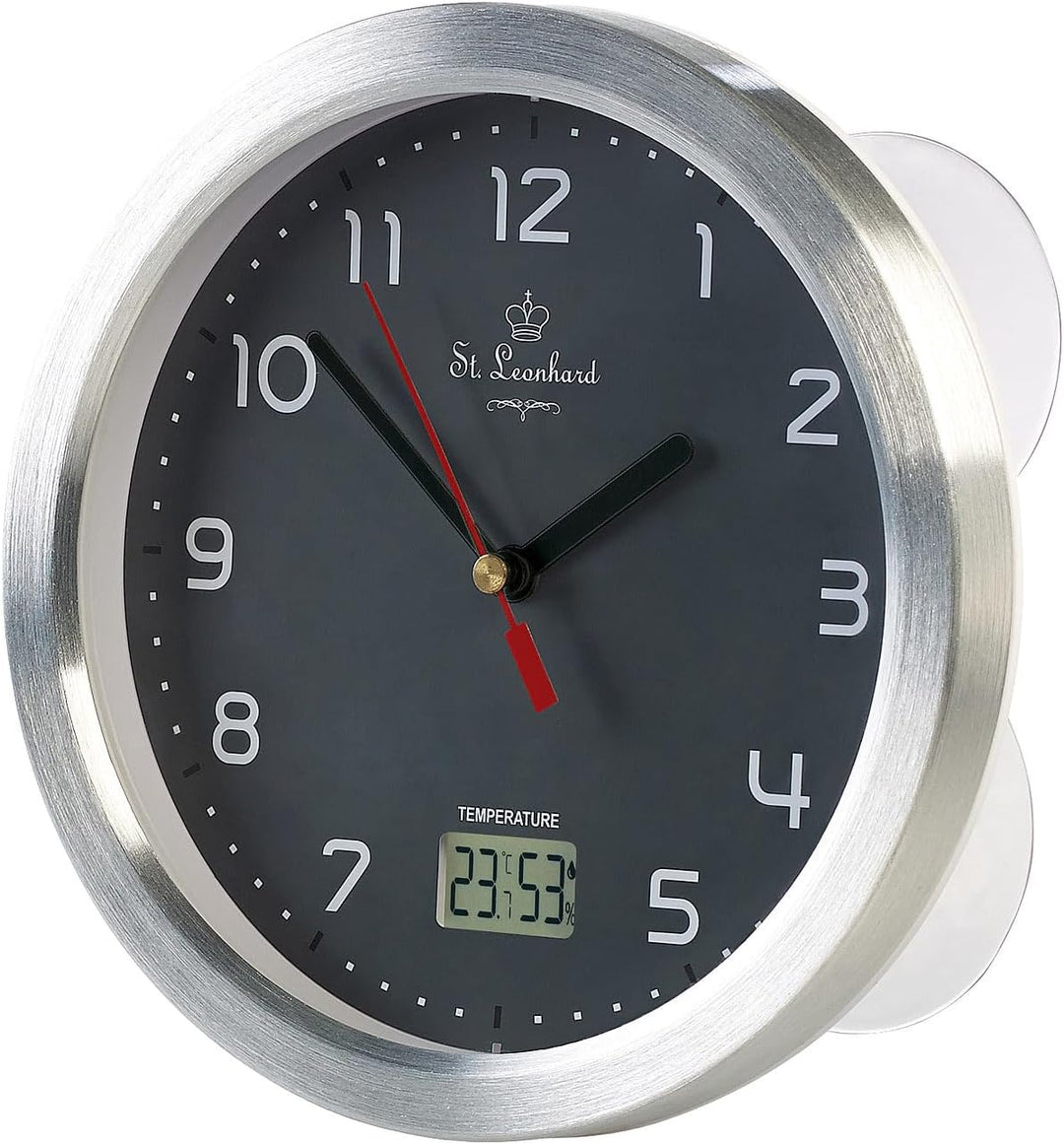 St. Leonhard Tischuhr: Badezimmer-Funk-Wanduhr, Thermo- und Hygrometer, Alu-Rahmen, Grau (Funk-Badez