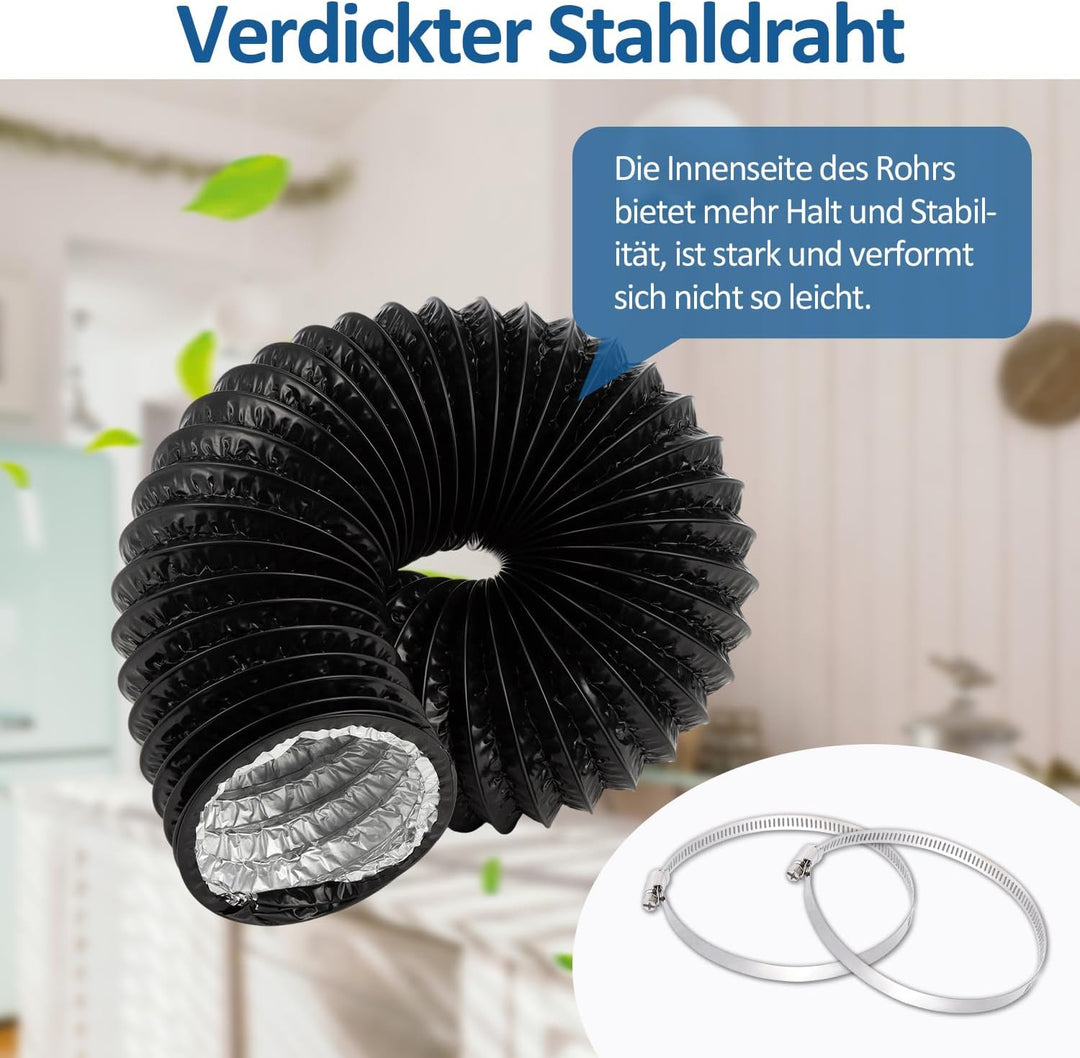 Abluftschlauch 100mm Alu Flexrohr Länge 5M Schwarz PVC Alurohr Lüftungsschlauch Schlauch mit 2 Stahl