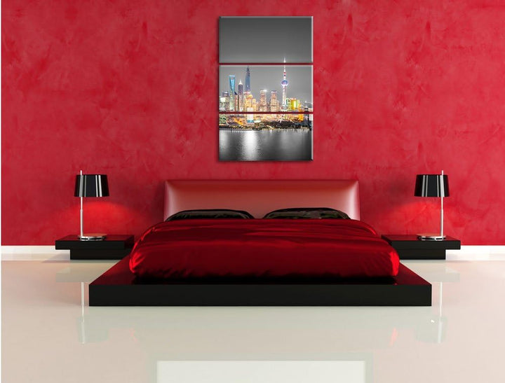 Pixxprint Shanghai Skyline bei Nacht als Leinwandbild/Grösse: 3 Teilig (120x80 cm) cm/Wandbild/Kunst