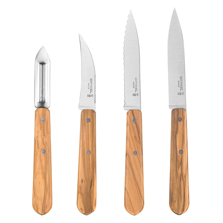 Opinel 254458 Essentials Küchenmesser Set-4 teilig-rostfreier Sandvik Stahl-Olivenholz Griffe, Mehrf