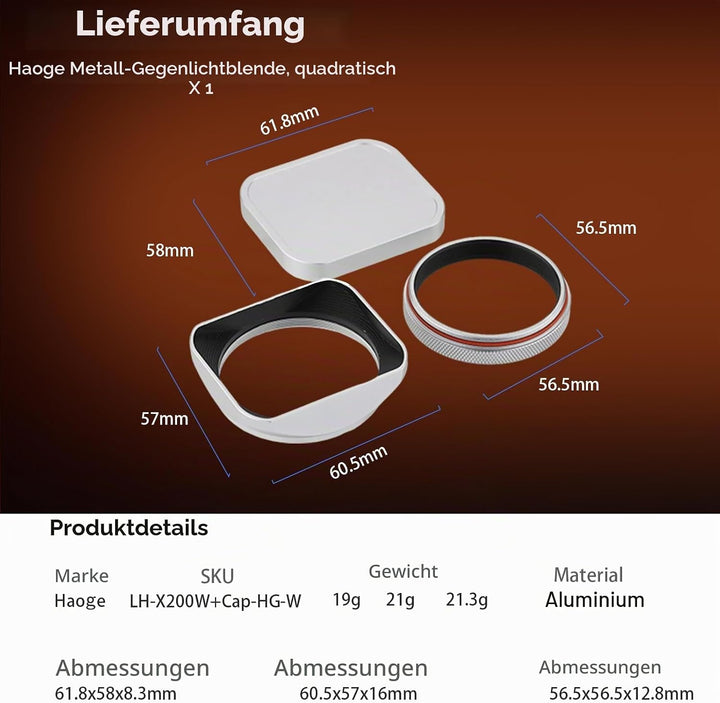 Haoge LH-X200S Gegenlichtblende aus Metall, quadratisch, mit 49 mm Adapterring, Metallkappe für Fuji