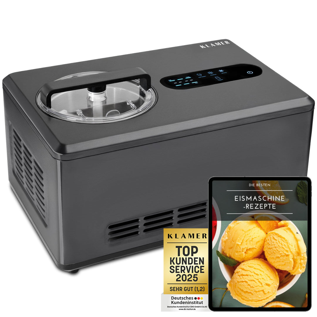 KLAMER 2-in-1 Eismaschine & Joghurtbereiter 2 L, 220 W Eiscrememaschine aus Edelstahl mit Kühl- und
