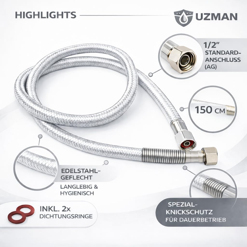 UZMAN Gastro Brauseschlauch 150cm mit Spezial-Knickschutz - 1/2" Standard Anschlüsse inkl. Dichtunge