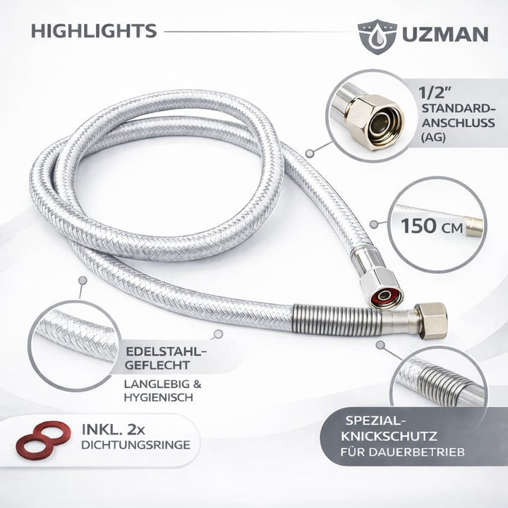 UZMAN Gastro Brauseschlauch 150cm mit Spezial-Knickschutz - 1/2" Standard Anschlüsse inkl. Dichtunge