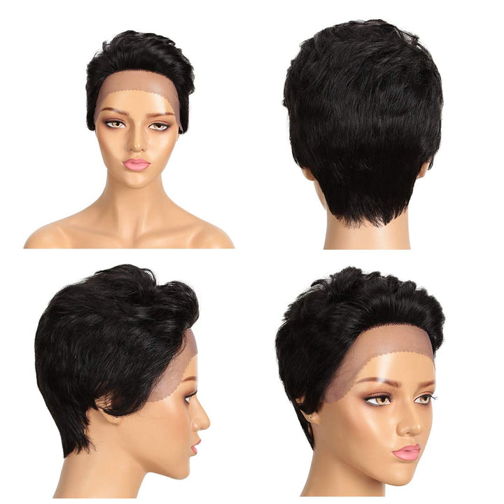 DÉBUT Echthaar Perücke mit Filmansatz kurz Pixie Damen Perücke Lace Front Wigs 22cm 79g (1B：schwarz)