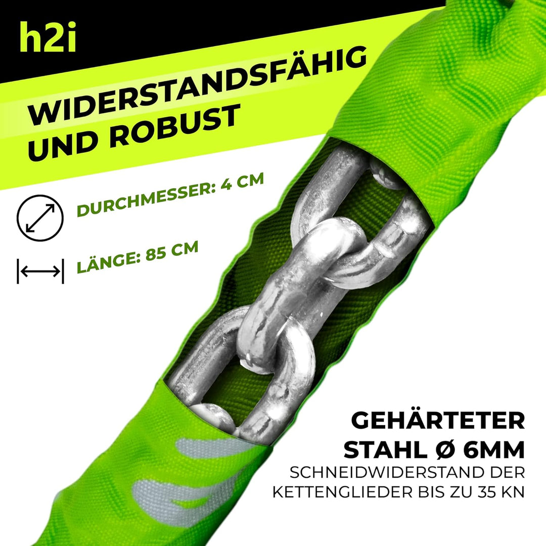 h2i Set aus AXA Kettenschloss Clinch CH85 Plus in Grün und h2i Sticker, Fahrradschloss mit Kette 85c