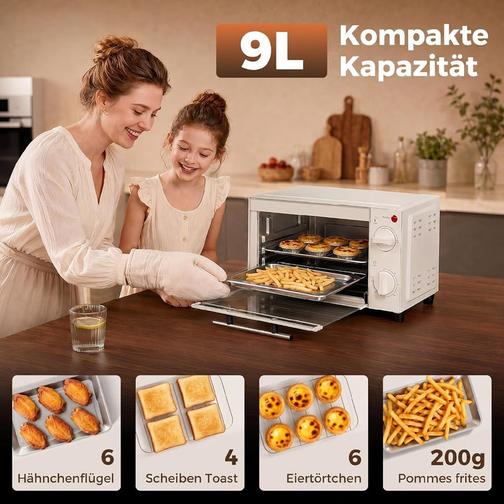 HOMCOM Mini Backofen 9 L 750W 100-230℃ 60 Min. Timer inkl. Backblech, Grillrost, Glas Fenster, Platz
