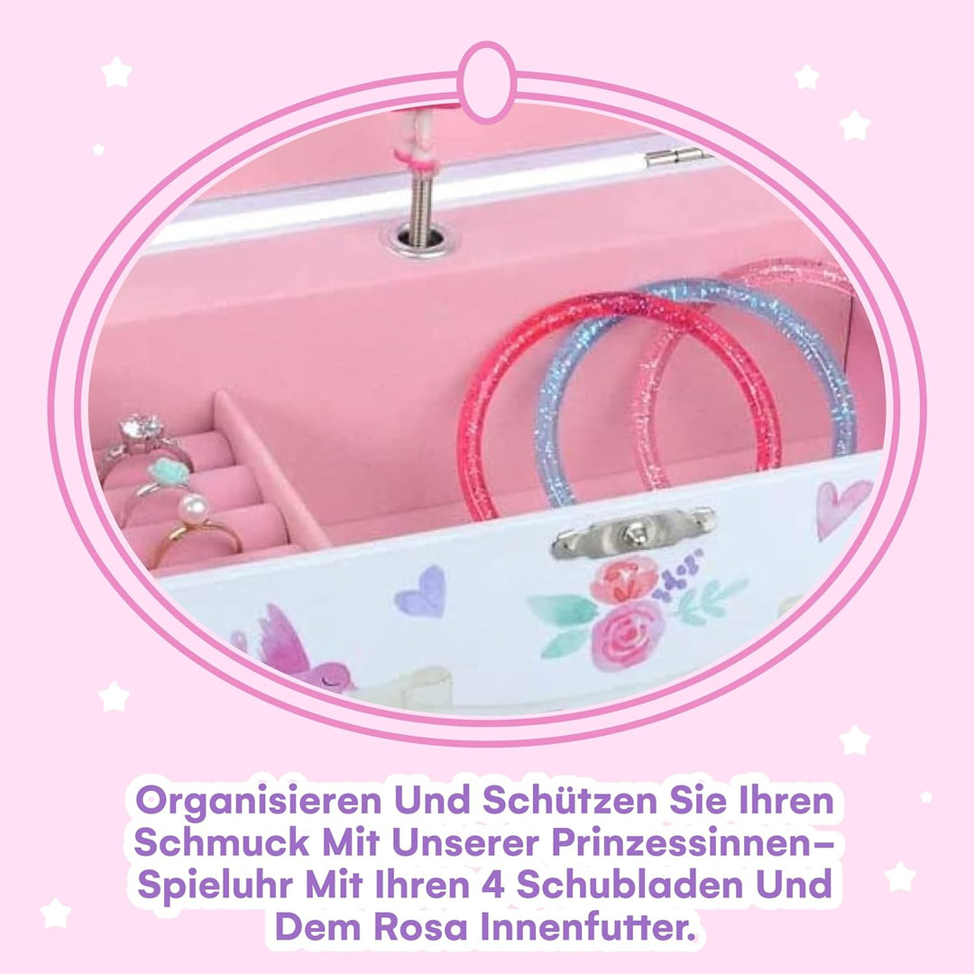 Jewelkeeper - Märchenprinzessin und Herzen grosse Musikschmuck-Aufbewahrungsbox mit 4 ausziehbaren S