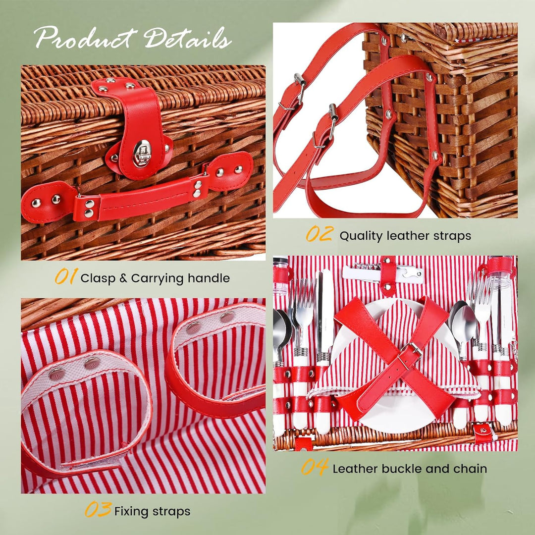 Picknickkorb für 4 Personen, aus Weide mit wasserdichter Decke und Besteck, für Camping, Rosa Rosa,