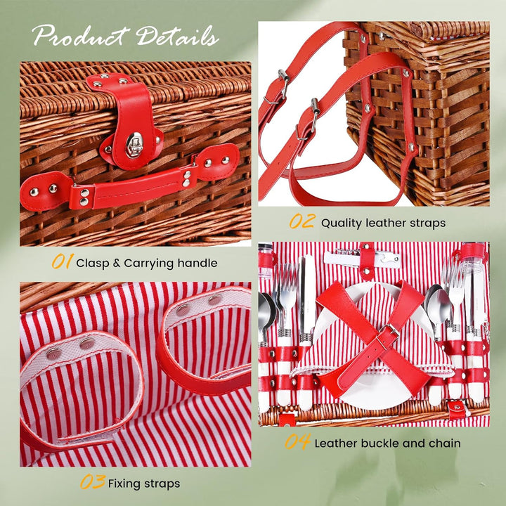 Picknickkorb für 4 Personen, aus Weide mit wasserdichter Decke und Besteck, für Camping, Rosa Rosa,