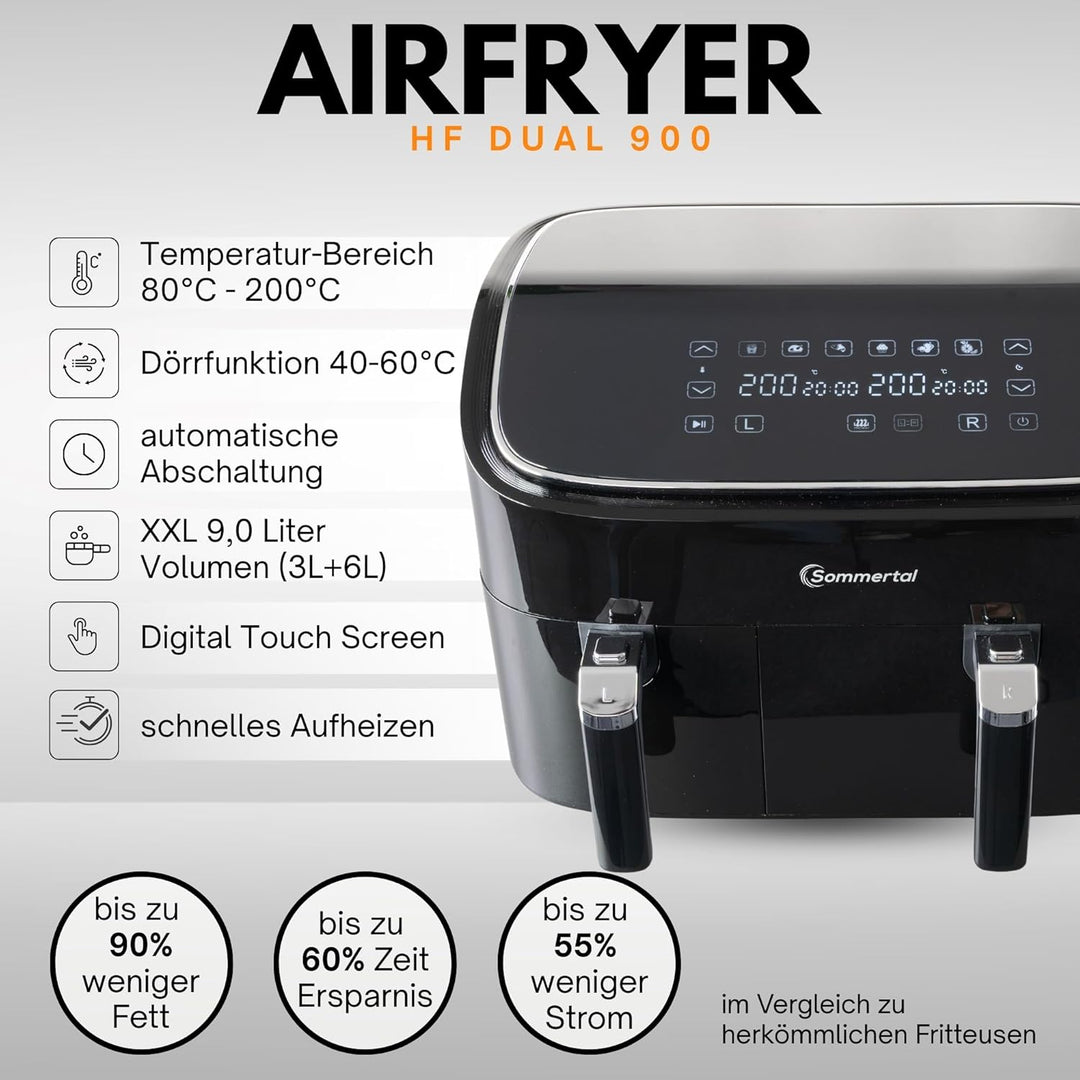 Sommertal HF DUAL 900, Heissluftfritteuse Doppelkammer 9 Liter, Airfryer mit 2 Körben, 2850 Watt, mi