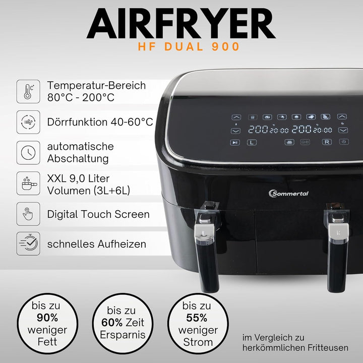 Sommertal HF DUAL 900, Heissluftfritteuse Doppelkammer 9 Liter, Airfryer mit 2 Körben, 2850 Watt, mi