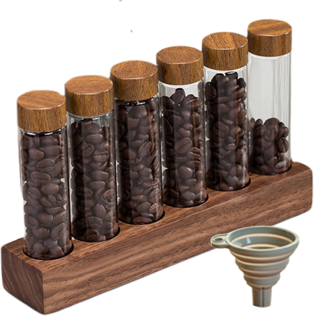 Kaffeebohnen -Röhren Kaffeebohnenkeller 6pcs Einzeldosis Kaffeebohnen -Lagerrohre mit Holzständer ＆