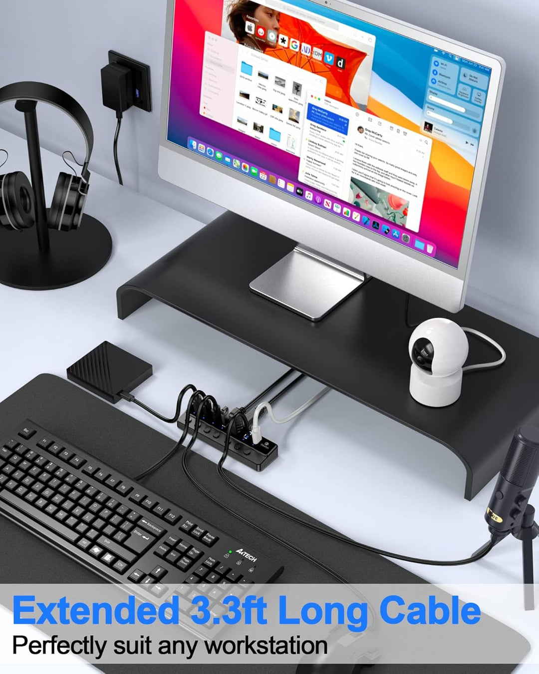 Qeefun Powered USB 3.0 Hub, 7-Ports USB Date Hub, 12V/2A 24W USB Extension Splitter und individuelle