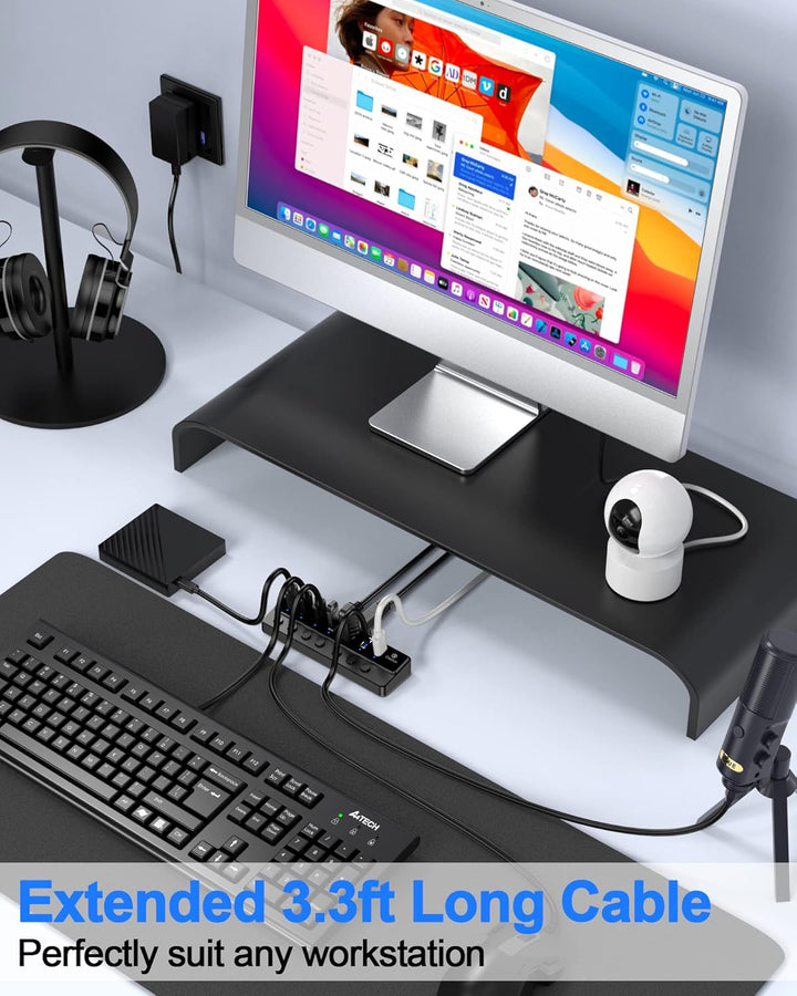 Qeefun Powered USB 3.0 Hub, 7-Ports USB Date Hub, 12V/2A 24W USB Extension Splitter und individuelle