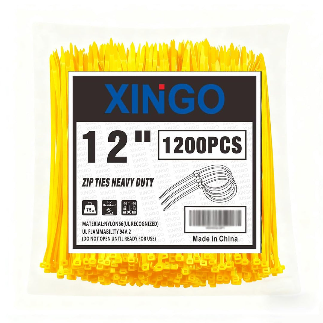 XINGO 1200 Stück Kabelbinder Gelb, 300mm x 5.8mm, 34 kg Zugfestigkeit, UV-beständig, Selbstsichernde